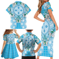 Hawaii Cyan Palaka Family Matching Short Sleeve Bodycon Dress and Hawaiian Shirt With Tapa Pattern Tropical Flowers - Polynesian Pride