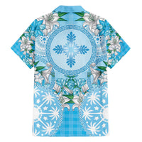 Hawaii Cyan Palaka Family Matching Tank Maxi Dress and Hawaiian Shirt With Tapa Pattern Tropical Flowers - Polynesian Pride