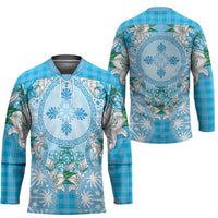Hawaii Cyan Palaka Hockey Jersey With Tapa Pattern Tropical Flowers LT05 - Polynesian Pride