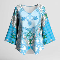 Hawaii Cyan Palaka Kimono Sleeve Blouse With Tapa Pattern Tropical Flowers LT05 Female Cyan - Polynesian Pride