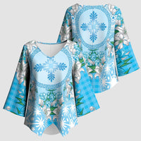 Hawaii Cyan Palaka Kimono Sleeve Blouse With Tapa Pattern Tropical Flowers LT05 - Polynesian Pride