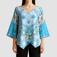 Hawaii Cyan Palaka Kimono Sleeve Blouse With Tapa Pattern Tropical Flowers LT05 - Polynesian Pride