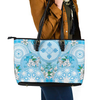 Hawaii Cyan Palaka Leather Tote Bag With Tapa Pattern Tropical Flowers - Polynesian Pride