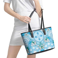 Hawaii Cyan Palaka Leather Tote Bag With Tapa Pattern Tropical Flowers - Polynesian Pride