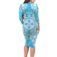 Hawaii Cyan Palaka Long Sleeve Bodycon Dress With Tapa Pattern Tropical Flowers - Polynesian Pride