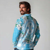 Hawaii Cyan Palaka Long Sleeve Polo Shirt With Tapa Pattern Tropical Flowers LT05 - Polynesian Pride