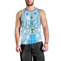 Hawaii Cyan Palaka Men Tank Top With Tapa Pattern Tropical Flowers - Polynesian Pride