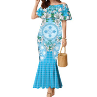 Hawaii Cyan Palaka Mermaid Dress With Tapa Pattern Tropical Flowers - Polynesian Pride