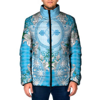 Hawaii Cyan Palaka Padded Jacket With Tapa Pattern Tropical Flowers LT05 Men Cyan - Polynesian Pride