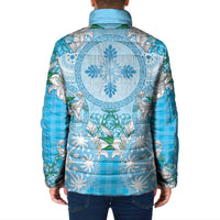 Hawaii Cyan Palaka Padded Jacket With Tapa Pattern Tropical Flowers LT05 - Polynesian Pride
