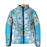 Hawaii Cyan Palaka Padded Jacket With Tapa Pattern Tropical Flowers LT05 - Polynesian Pride
