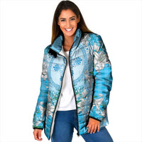 Hawaii Cyan Palaka Padded Jacket With Tapa Pattern Tropical Flowers LT05 Women Cyan - Polynesian Pride