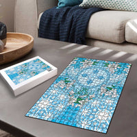 Hawaii Cyan Palaka Puzzle With Tapa Pattern Tropical Flowers LT05 - Polynesian Pride