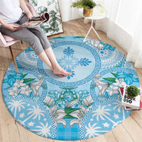 Hawaii Cyan Palaka Round Carpet With Tapa Pattern Tropical Flowers - Polynesian Pride