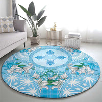 Hawaii Cyan Palaka Round Carpet With Tapa Pattern Tropical Flowers - Polynesian Pride