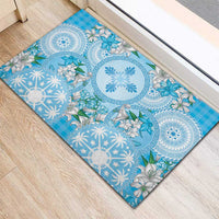 Hawaii Cyan Palaka Rubber Doormat With Tapa Pattern Tropical Flowers LT05 - Polynesian Pride