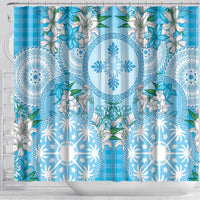 Hawaii Cyan Palaka Shower Curtain With Tapa Pattern Tropical Flowers - Polynesian Pride