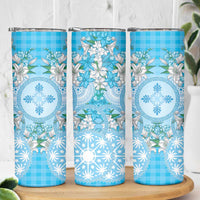 Hawaii Cyan Palaka Skinny Tumbler With Tapa Pattern Tropical Flowers - Polynesian Pride