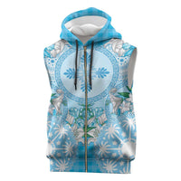 Hawaii Cyan Palaka Sleeveless Zip Hoodie With Tapa Pattern Tropical Flowers - Polynesian Pride
