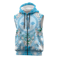 Hawaii Cyan Palaka Sleeveless Zip Hoodie With Tapa Pattern Tropical Flowers LT05 Cyan - Polynesian Pride