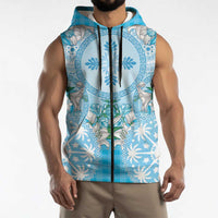 Hawaii Cyan Palaka Sleeveless Zip Hoodie With Tapa Pattern Tropical Flowers LT05 - Polynesian Pride