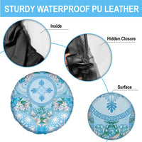 Hawaii Cyan Palaka Spare Tire Cover With Tapa Pattern Tropical Flowers - Polynesian Pride