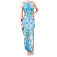 Hawaii Cyan Palaka Tank Maxi Dress With Tapa Pattern Tropical Flowers - Polynesian Pride