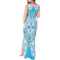 Hawaii Cyan Palaka Tank Maxi Dress With Tapa Pattern Tropical Flowers - Polynesian Pride