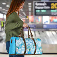 Hawaii Cyan Palaka Travel Bag With Tapa Pattern Tropical Flowers - Polynesian Pride