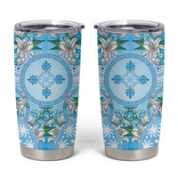 Hawaii Cyan Palaka Tumbler Cup With Tapa Pattern Tropical Flowers - Polynesian Pride