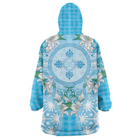 Hawaii Cyan Palaka Wearable Blanket Hoodie With Tapa Pattern Tropical Flowers LT05 - Polynesian Pride