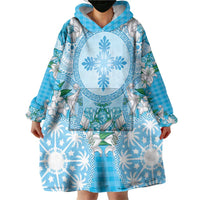 Hawaii Cyan Palaka Wearable Blanket Hoodie With Tapa Pattern Tropical Flowers LT05 - Polynesian Pride
