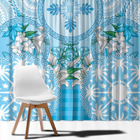 Hawaii Cyan Palaka Window Curtain With Tapa Pattern Tropical Flowers - Polynesian Pride
