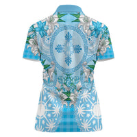 Hawaii Cyan Palaka Women Polo Shirt With Tapa Pattern Tropical Flowers - Polynesian Pride