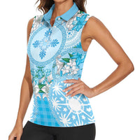 Hawaii Cyan Palaka Women Sleeveless Polo Shirt With Tapa Pattern Tropical Flowers LT05 - Polynesian Pride