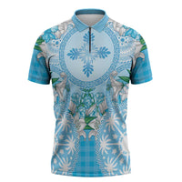 Hawaii Cyan Palaka Zipper Polo Shirt With Tapa Pattern Tropical Flowers LT05 Cyan - Polynesian Pride