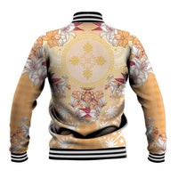 Hawaii Peach Palaka Baseball Jacket With Tapa Pattern Tropical Flowers LT05 - Polynesian Pride