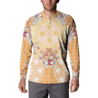 Hawaii Peach Palaka Button Sweatshirt With Tapa Pattern Tropical Flowers LT05 - Polynesian Pride
