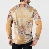 Hawaii Peach Palaka Button Sweatshirt With Tapa Pattern Tropical Flowers LT05 - Polynesian Pride
