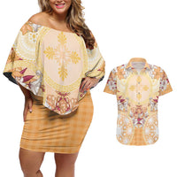 Hawaii Peach Palaka Couples Matching Off Shoulder Short Dress and Hawaiian Shirt With Tapa Pattern Tropical Flowers - Polynesian Pride