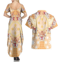 Hawaii Peach Palaka Couples Matching Summer Maxi Dress and Hawaiian Shirt With Tapa Pattern Tropical Flowers - Polynesian Pride