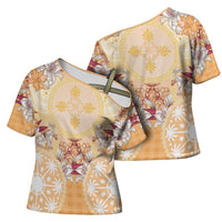 Hawaii Peach Palaka Cross Shoulder Shirt With Tapa Pattern Tropical Flowers LT05 - Polynesian Pride