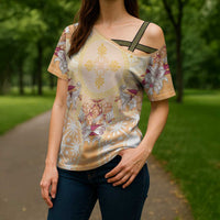 Hawaii Peach Palaka Cross Shoulder Shirt With Tapa Pattern Tropical Flowers LT05 - Polynesian Pride