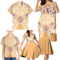 Hawaii Peach Palaka Family Matching Mermaid Dress and Hawaiian Shirt With Tapa Pattern Tropical Flowers - Polynesian Pride