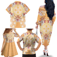Hawaii Peach Palaka Family Matching Off The Shoulder Long Sleeve Dress and Hawaiian Shirt With Tapa Pattern Tropical Flowers - Polynesian Pride