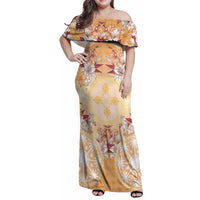 Hawaii Peach Palaka Family Matching Off Shoulder Maxi Dress and Hawaiian Shirt With Tapa Pattern Tropical Flowers - Polynesian Pride