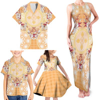 Hawaii Peach Palaka Family Matching Tank Maxi Dress and Hawaiian Shirt With Tapa Pattern Tropical Flowers - Polynesian Pride