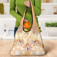 Hawaii Peach Palaka Grocery Bag With Tapa Pattern Tropical Flowers - Polynesian Pride