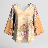 Hawaii Peach Palaka Kimono Sleeve Blouse With Tapa Pattern Tropical Flowers LT05 Female Peach - Polynesian Pride
