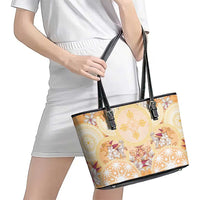 Hawaii Peach Palaka Leather Tote Bag With Tapa Pattern Tropical Flowers - Polynesian Pride